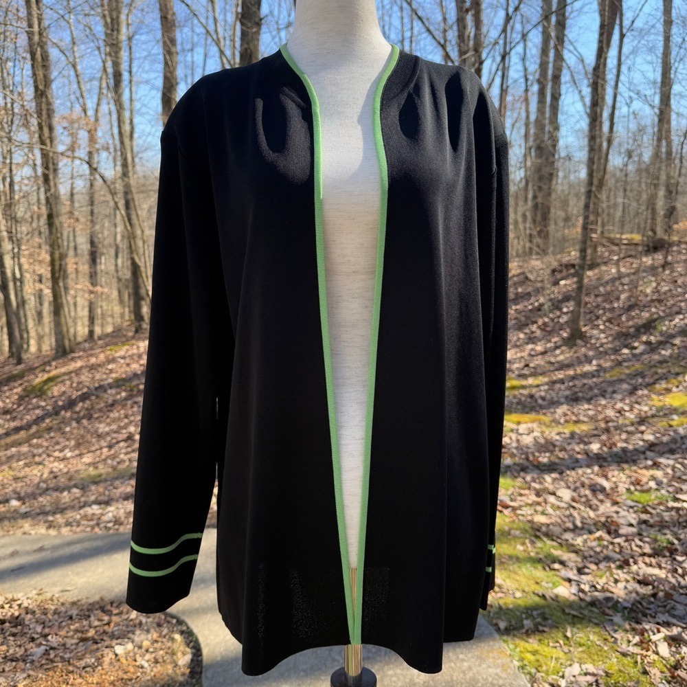 Misook Open Front Cardigan Black Green Trim XL